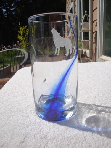 4 Etched Wolf Bear Libbey Crisa Blue Ribbon Thumbprint Indent Glasses Tumblers - Picture 8 of 13