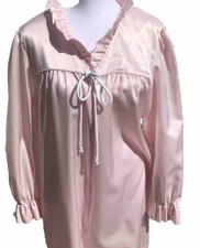 Vtg 60s 70s Women s Pink Nightgown Robe Bow Long Sleeves Ruffles Mod Prairie M