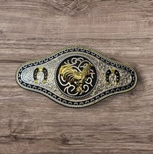 Cowboy/Charro Belt Buckle - Rooster/Horse Shoe 6.5"x3.25" Silver Tone/Black/Gold