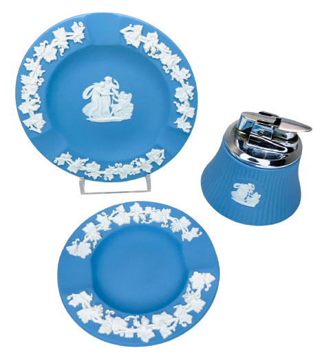 Wedgwood Jasperware Blue Cupid Asleep Lighter & Ashtrays; 3 PC CIGARETTE SET VTG