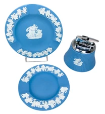 Wedgwood Jasperware Blue Cupid Asleep Lighter & Ashtrays; 3 PC CIGARETTE SET VTG