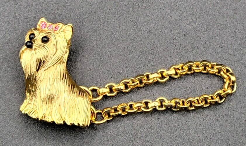 JOAN RIVERS YORKIE DOG BROOCH PIN RHINESTONE SIGNED VINTAGE GOLD TONE