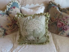Aubusson style FRENCH COUNTRY Needlepoint Pillow w Hydrangea on Sage Green
