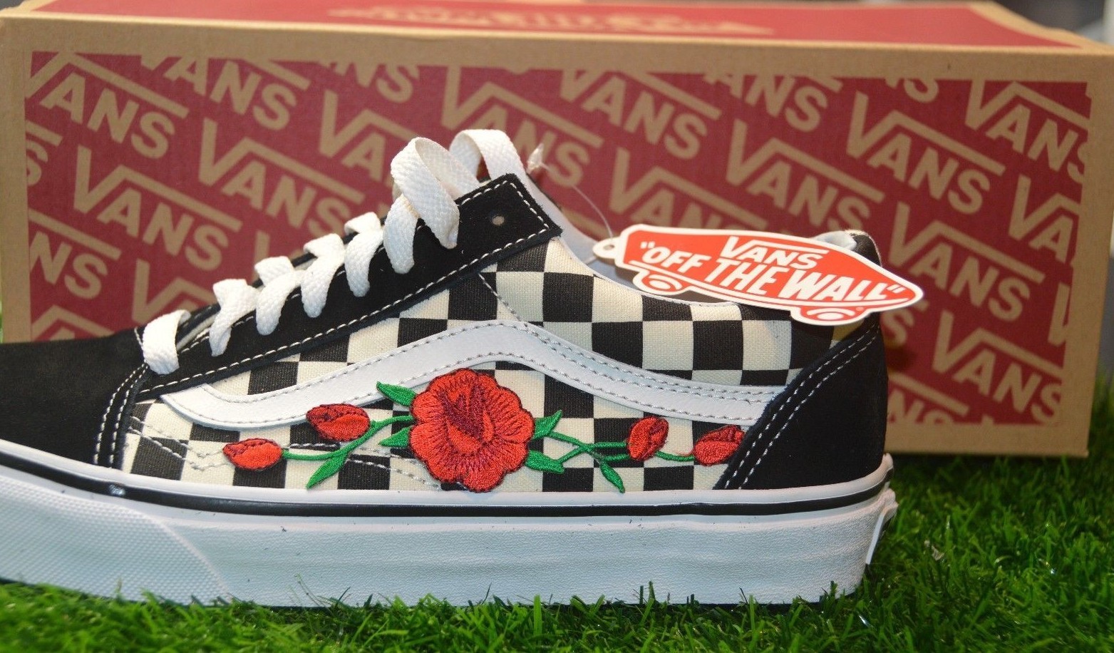 custom rose vans platform checkered old skool