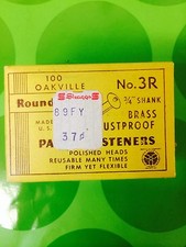 UNUSED BOX W 100 PIECES 3/4" SHANK BRASS ROUND HEAD BRAD FASTENERS, CRAFTS