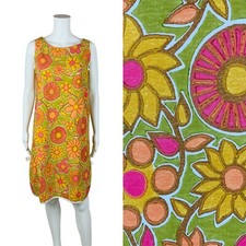 Vintage 1960s House Dress Groovy Floral Print Pink Green Shift  B 37"