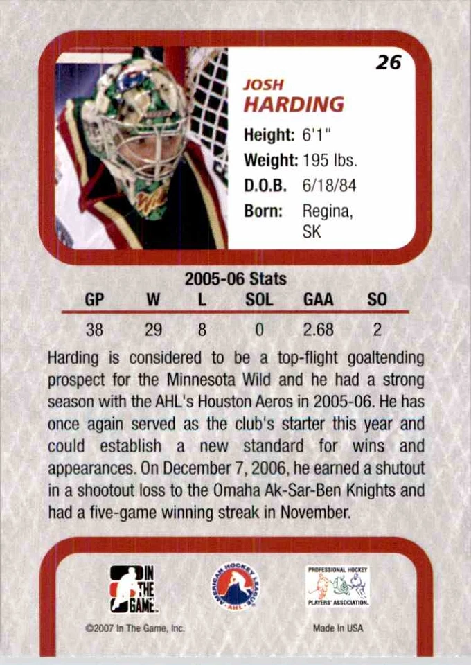 2006-07 In The Game Between The Pipes Josh Harding #26 - Image 2 of 2