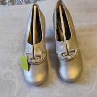 Hotter Donna Size 5.5  UK Boxed Silver Leather Court Shoes Kitten Heels Std