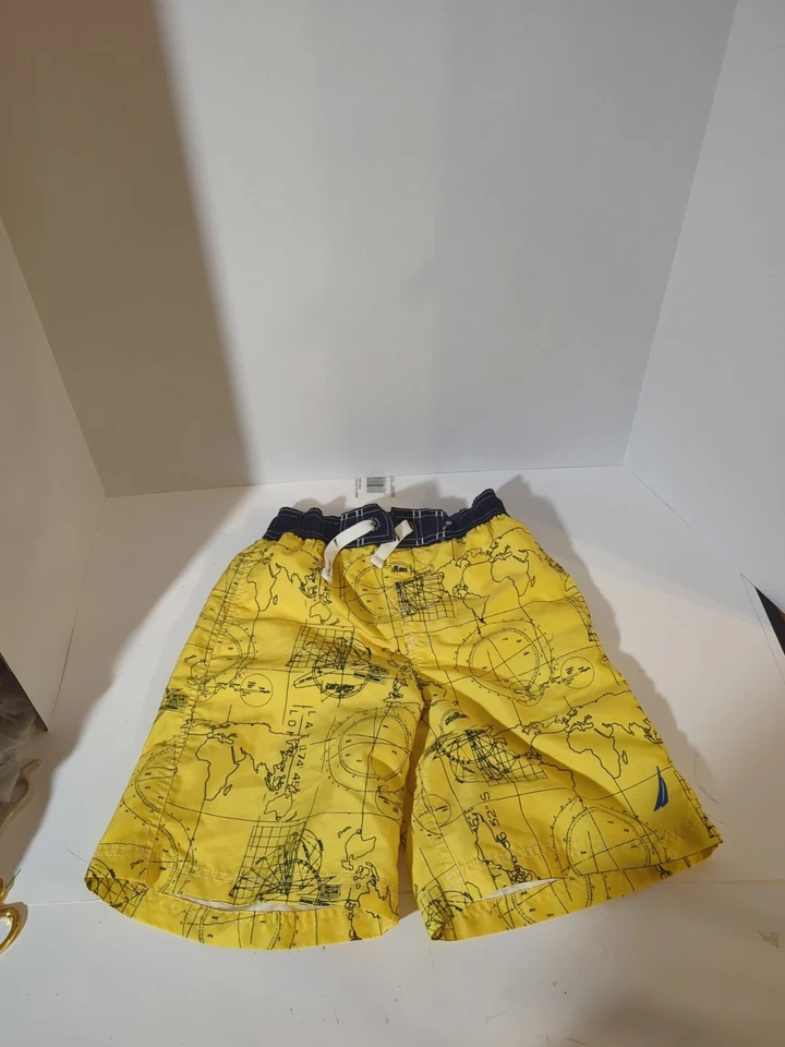 Boys Nautica Yellow Navy Map Print Mesh Lined Swim Trunks Board Shorts Size S  - Image 2 of 4