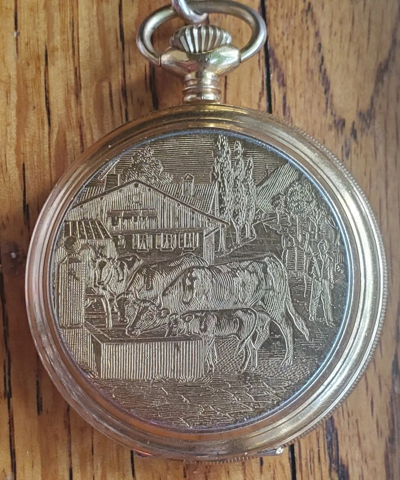 RARE Bucherer Swiss Made Pocket Watch 2 Sided Floral Cow 12" Chain 1/20 12k Gold - Image 3 of 4