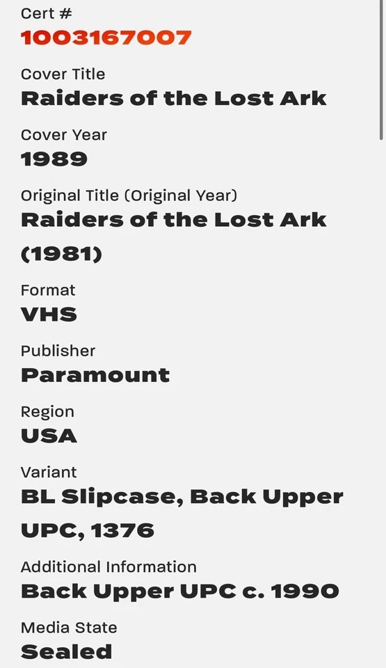 CGC 9.4 SEALED Raiders of the Lost Ark 1989 VHS V-Overlap Paramount A - Image 4 of 4