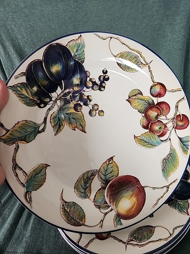 Pier 1 Macintosh ~ Set of Four ( 4 ) 10" Dinner Plates ~ Apples & Fruit Blue Rim - Picture 5 of 9
