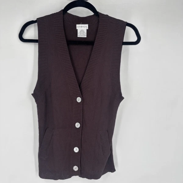 Chaleco Top George Y2K Acanalado Marrón Chocolate Abotonado Cuello en V Talla M De Colección Foto 2 de 4
