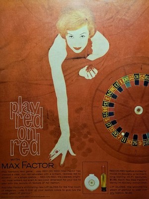 1960 Max Factor Red On Red Lipstick Print Ad - Redhead Roulette Wheel Ruby Ring