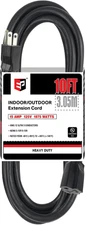 10 Ft Outdoor Extension Cord - 12/3 SJTW Heavy Duty Black Extension Cable with 3