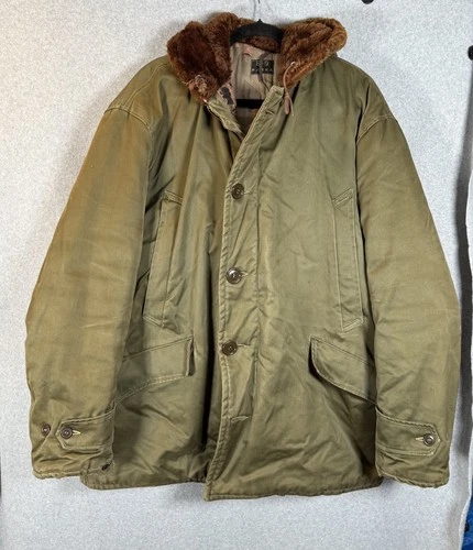 US Military Vintage 40s WW2 OG Faux Fur Talon Zip Hood B-9 Parka Jacket Mens XL
