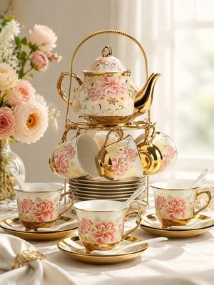 20Pcs European Porcelain Tea Set Metal Stand Teapot Cup Saucer Pink Gold Decor