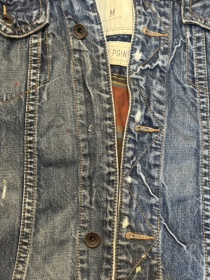 Chaqueta de Camionero Hollister Forrada a Cuadros Denim Talla Mediana Envejecida Falta Botón Foto 3 de 4