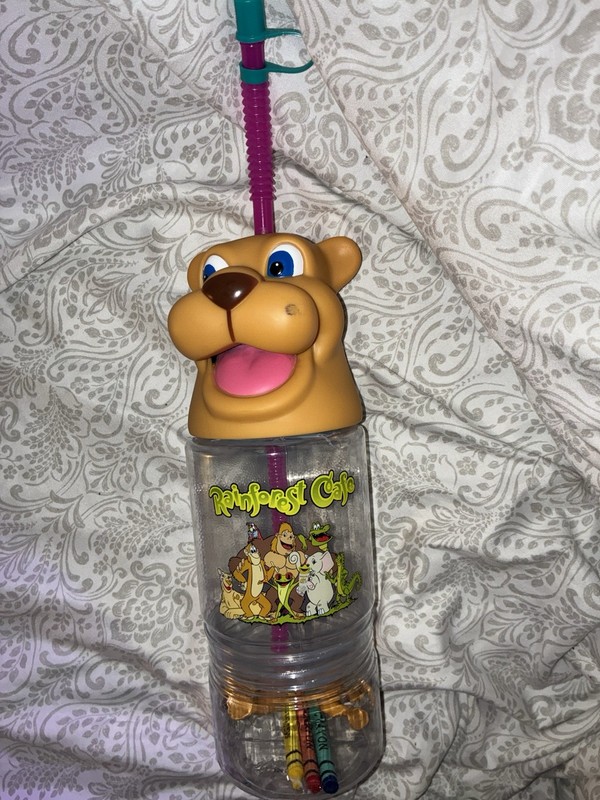 Vintage Rainforest Cafe 12oz Clear Plastic Reusable Cheetah snackBottle w/Straw