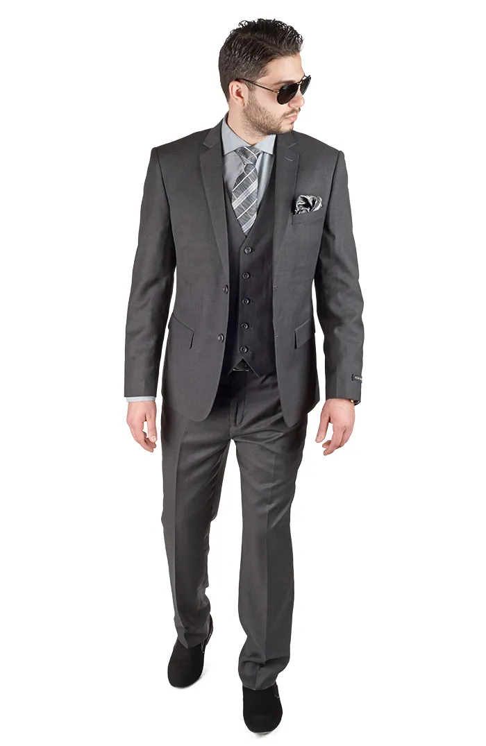 Slim Fit Men Suit 3 Piece Vested Solid Charcoal Dark Grey Notch Lapel AZAR  MAN