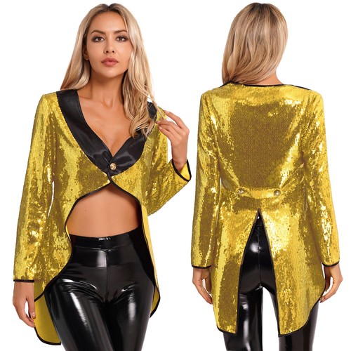 Women's Magician Cosplay Sequin Tailcoat Circus Showman Tuxedo Jacket Costume - Picture 22 of 52