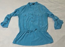 Alfani Women's Sky Blue Midi Dress Size 10 Button Tie Waistband Long Sleeve Good