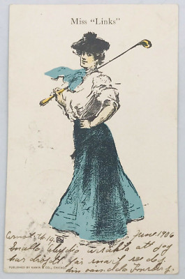 Antique 1906 Kawin & Co Well Dressed Lady Playing Golf Postcard w/Franklin 1c