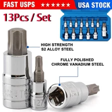 New 13PCS Torx Socket Bit Set 1/4" 3/8" 1/2" Chrome Vanadium Bright Chrome