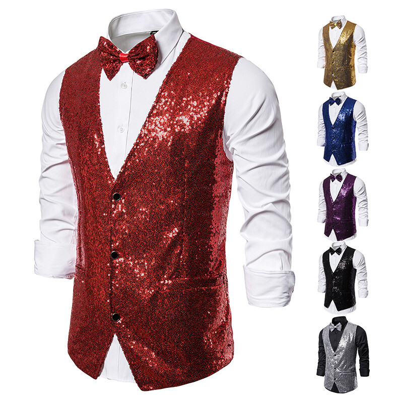 Mens Sequin Vest Button Vest Glitter Waistcoat Business Dance Party
