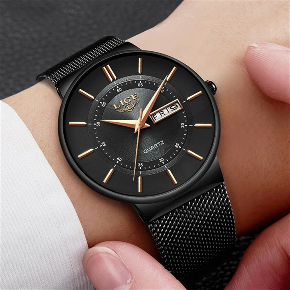 LIGE Men Quartz Watch Mesh Steel Wristwatch Brand Male