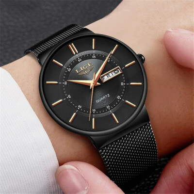 LIGE Men's Quartz Business Watch Stainless Steel Mesh Band Calendar Wristwatch