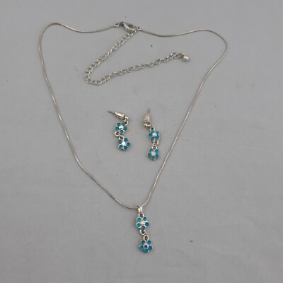 Delicate Necklace and Earring Set Blue Flower Crystals Silver Tone 16'' + 5'' exte