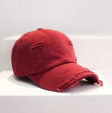 Red Distressed Baseball Ball Cap Hat Dad Solid Blank, Plain Men Women Cotton