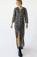 Free People Anna Sui Sequin Boho Kaftan $500 NWT Sequin Slim Flared Black Silver