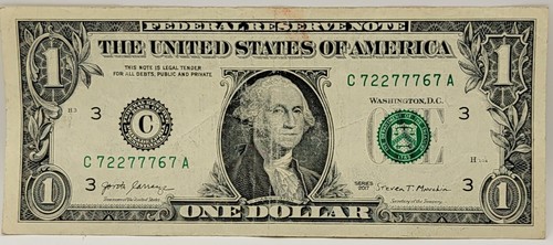 Five of a Kind 7s Fancy Serial Number One Dollar Bill C72277767A DC Trinary - Picture 7 of 8