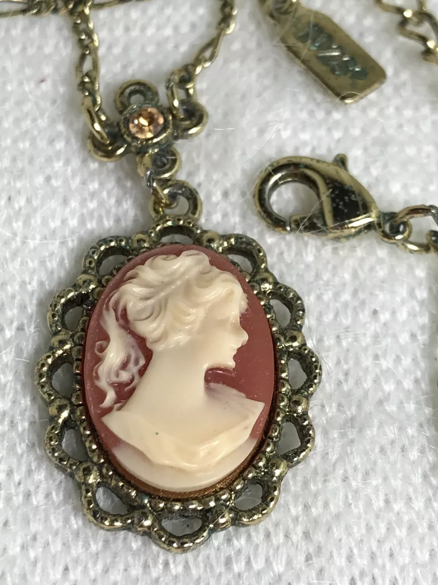 Vintage 1928 Branded Lady Cameo Necklace with Gold Tone Chain 15