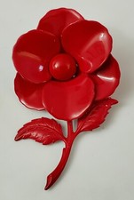 Vintage Large Red Enamel Enameled Flower 3 1/2" Brooch Pin