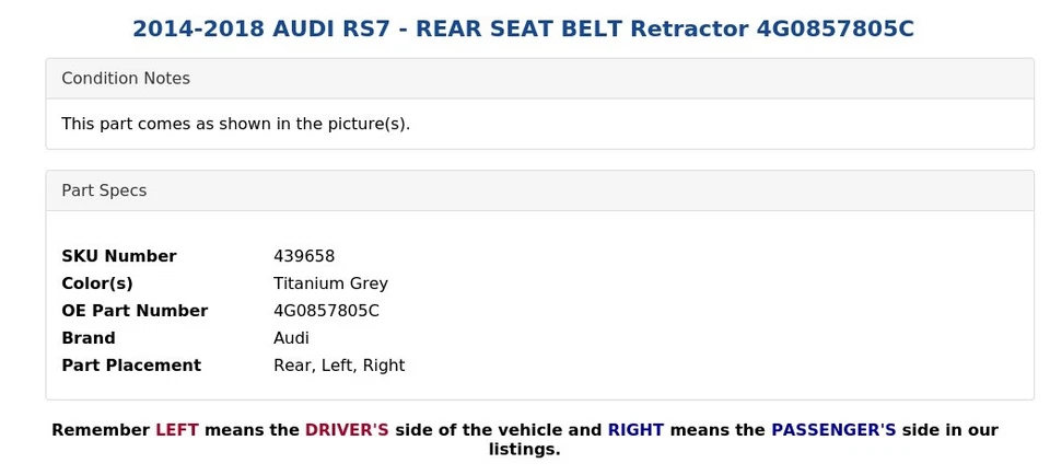 2014-2018 AUDI RS7 — натяжитель заднего ремня безопасности 4G0857805C - Изображение 3 из 4