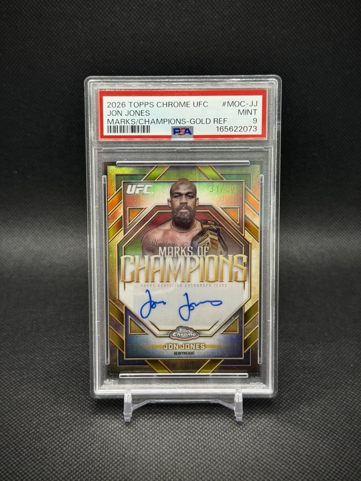 Jon Jones 2026 Topps Chrome UFC Gold Refractor Auto /50 SSP PSA 9 Mint view 1