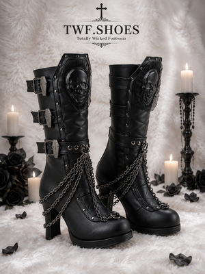 Gothic archive スケート ヒールブーツ コドナデモーダ Crypto 67 Coffin Skull & Chain Black Mid Calf Platform Heel Gothic