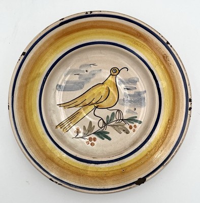Antique Primitive Faience Pottery Plate Hand Painted Bird Folk Art Wall Hanging