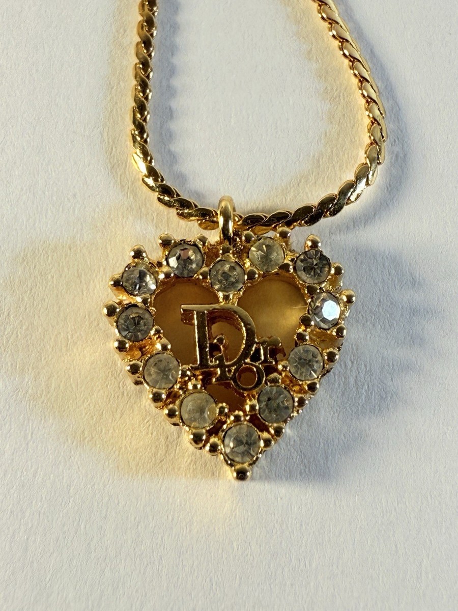 Christian Dior Heart Charm Bracelet Rhinestone Gold Tone with COA