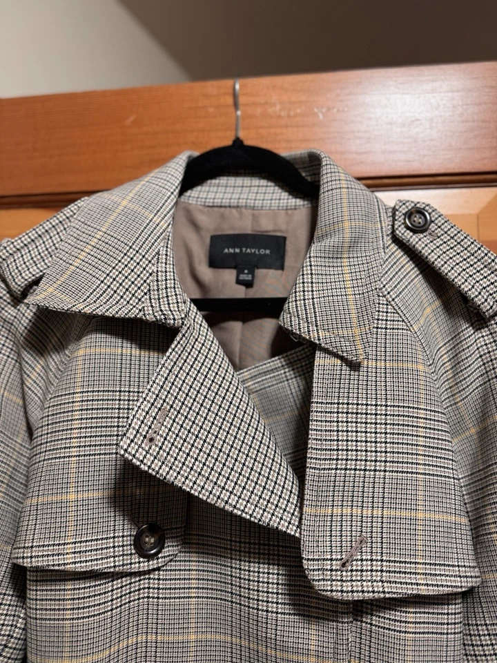 Ann Taylor Glen Check Trench Coat Tan Black Check Medium - Image 2 of 4