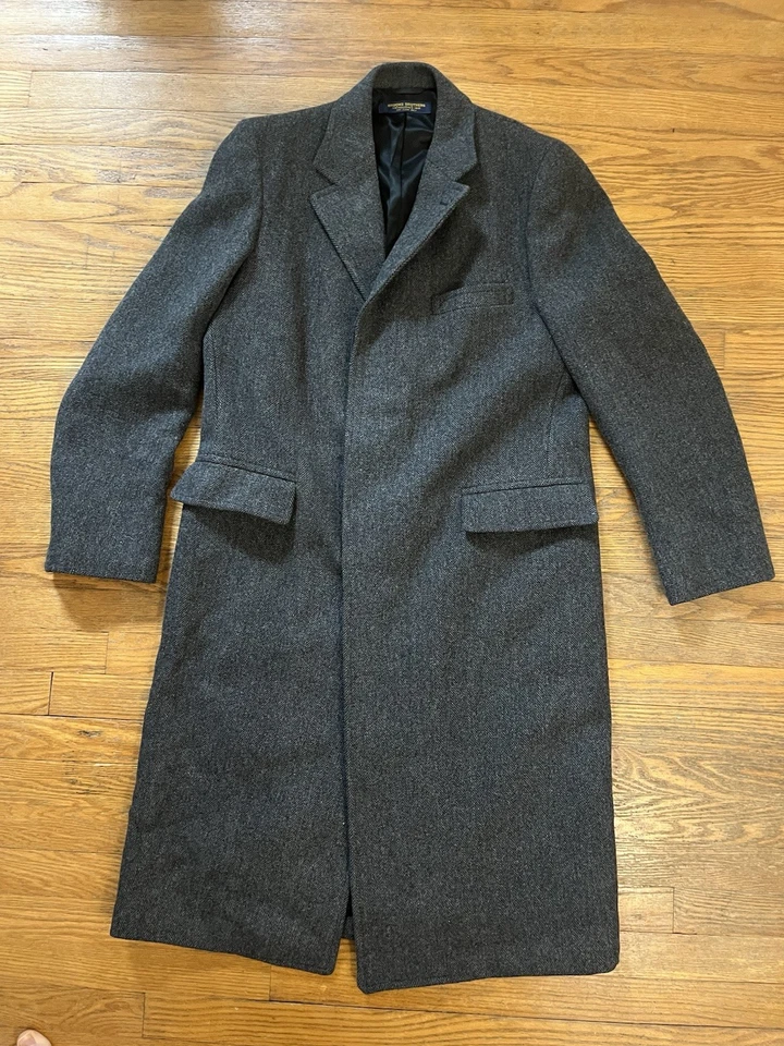 BROOKS BROTHERS Tweed Herringbone Vtg Wool Navy Blue Overcoat Sz 40L USA - Image 4 of 4
