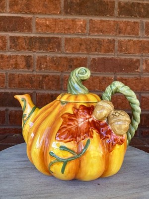 Blue Sky Clayworks Teapot Pumpkin Acorns Leaves Gold Orange Green Never Used