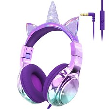 Kids Unicorn Headphones Wired with Mic, 85/94dB Safe Volume Limit, Sparkly Wi...