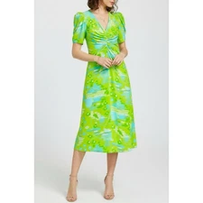 $450 NWT RHODE Maci Geometric Puff Sleeve Midi Dress, Electric Eden, 8 (US)