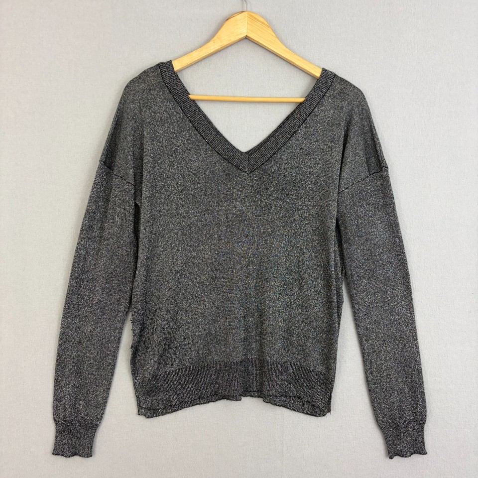 Brave Soul Jumper Womens 14 Grey Silver Relaxed Fit V Neck Metallic Knit Casual