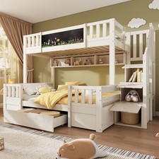 Bunk Beds for Kids w/ Storage Drawer & Staircases, 90x190cm, Solid Wood White