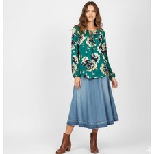 Simply Vera Vera Wang Women's Shirt Teal Floral Print Long Sleeve Cottage Size L